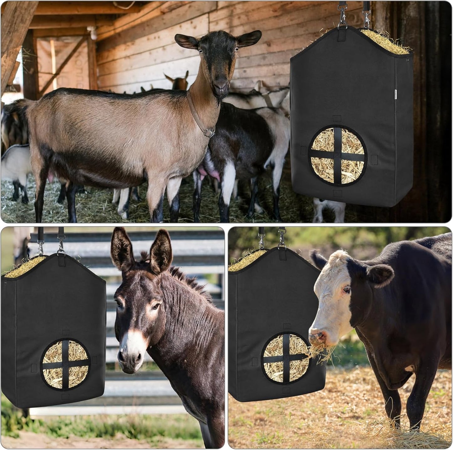 3 PCS Goat Hay Feeder,Hay Bags for Horses,Goats,Donkeys with Reinforced Oxford Fabric and High Strength Metal Clasp,Horse Feeding Supplies with Adjustable Strap for Easy Hanging (3Black)