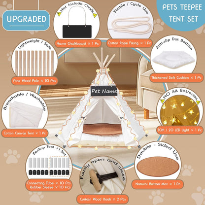 20" Dog& Cat Teepee Tent +24" Pet Cooling Mat +10ft Star String Light [2-Modes],Cotton Thicked Soft Comfort Anti-Slip Cushion (Used/Wash Separately),Medium Pets Tents House Indoor or Outdoor