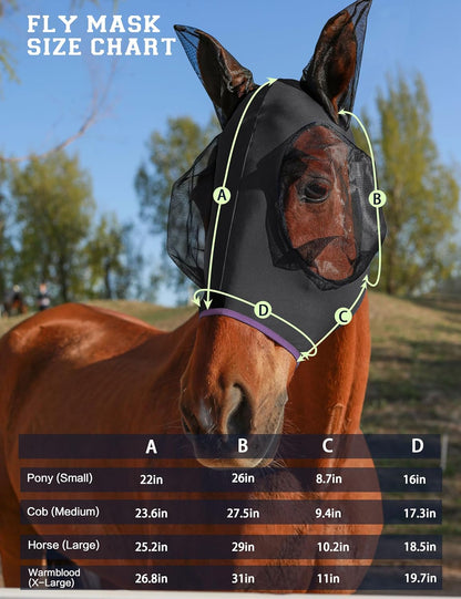 Horse Fly Mask with Ears, UV Protection for Horses, Elasticity with Big Mesh Eye Covers, Snug Fitting Comfortable Breathable Lightweight for Horses Black Full Size