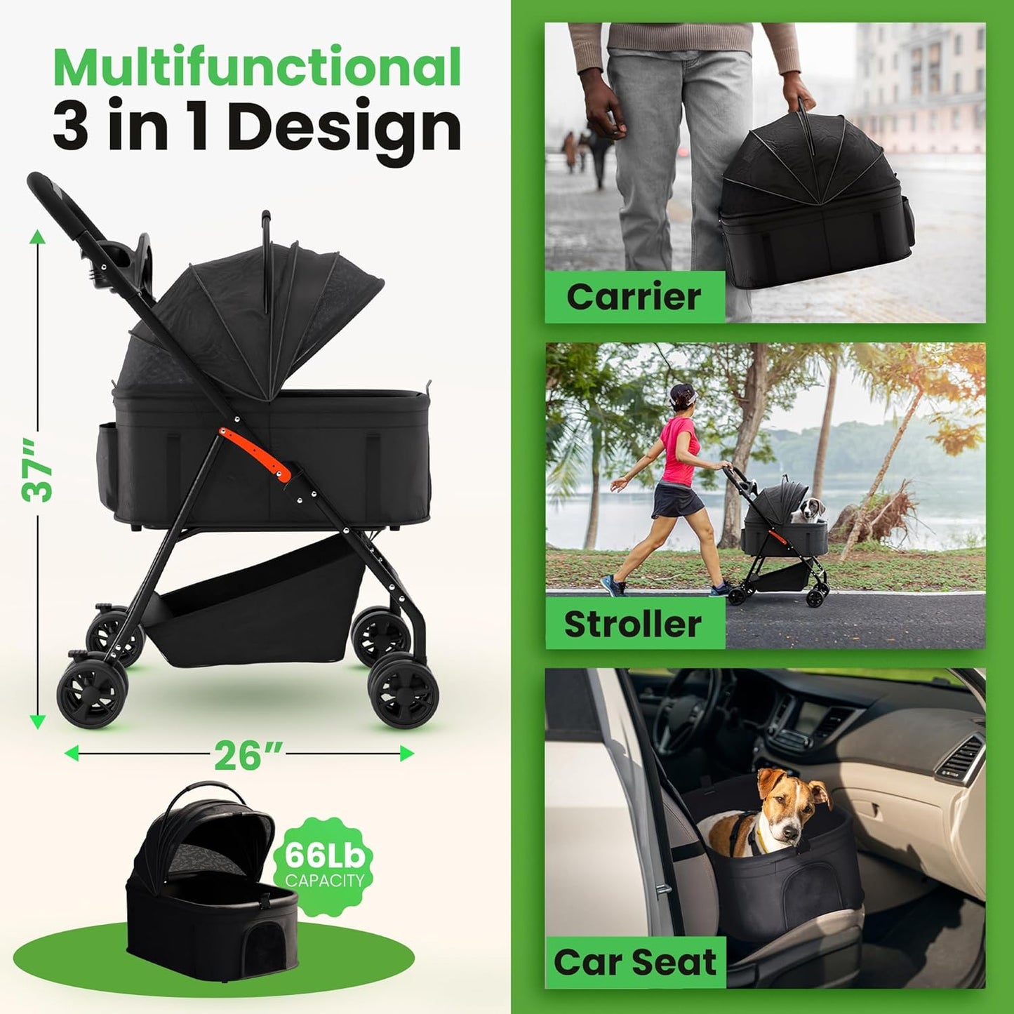 Pet Stroller 3 in 1 Foldable Dog Stroller, Cat Strollers, Foldable pet Strollers & Cat Carrier, Pet Carrier, Lightweight with Cup Holder, Waterproof Max Load 66 lbs, Breathable Mesh Canopy