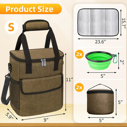 Dog Travel Bag for Camping - Pet Travel Accessories with 2 Collapsible Bowls, 2 Food Containers & Waterproof Feeding Mat - Portable Dog Carrier, Coffee (Small)