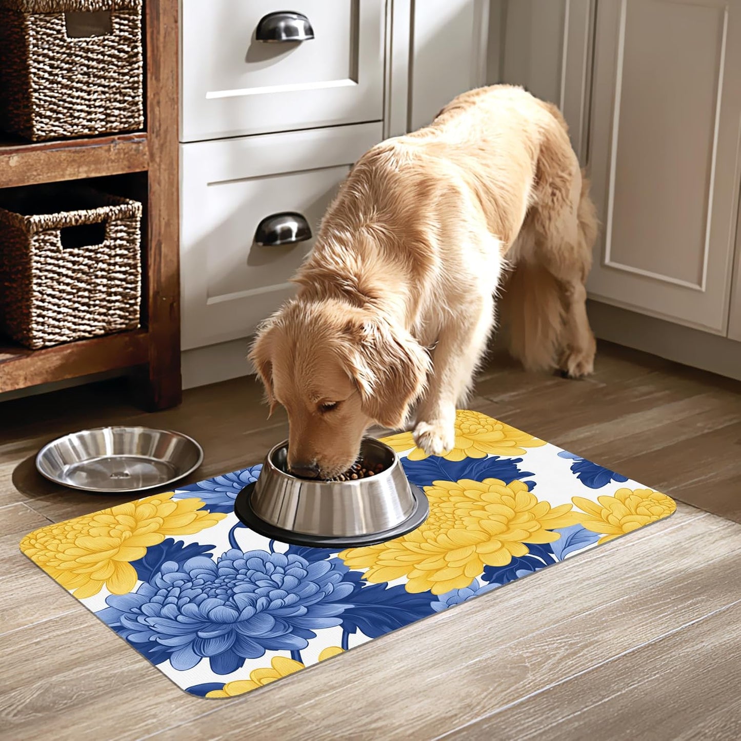 Blue Yellow Flowers Pet Cat Dog Food Mat-Absorbent Quick Dry Feeding Placemat for Water and Food, No Stains Rubber Base Mat for Indoor Use, Pet Accessories 16"x24"