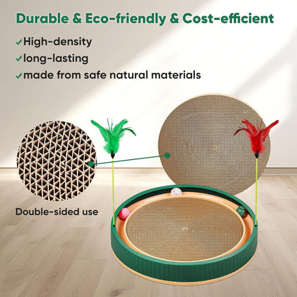 20-Inch Round Cat Scratcher with Ball Track – 3-in-1 Cardboard Scratching Pad with Feather Toy & Non-Slip Base – Interactive Cat Toy for Indoor Cats, Kittens & Large Cats (Green)