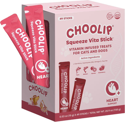 Grab & Go Squeeze Vita Stick Lickable Treats for Dogs & Cats. 49 Heart Support Sticks with Essential multivitamins. Soft and Tasty Paste for All Life Stages, Supporting Heart Health