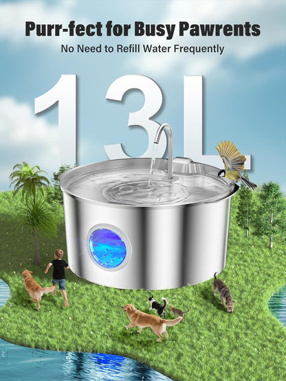 3.4Gal Dog Water Fountain for Large Dogs, Extra Large Stainless Steel Pet Water Fountain, Round Dog Water Bowl Dispenser with Metal Handle, Water Level Window, Supet Quiet Pump for Multi Pet Home