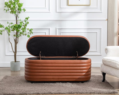 Storage Ottoman Bench Upholstered PU Leather End of Bed Stool with Safety Hinge for Bedroom, Living Room, Entryway (44.5-inch, Brown), TN2436