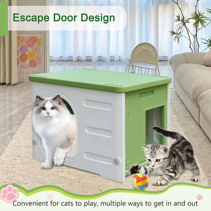 Rockever Plastic Cat House Outdoor with Escape Door, Waterproof Feral Cat House Outdoor Indoor, Sturdy Cat House for Outdoor Cats with Cat Bed Mat, Assemble Easily-Green