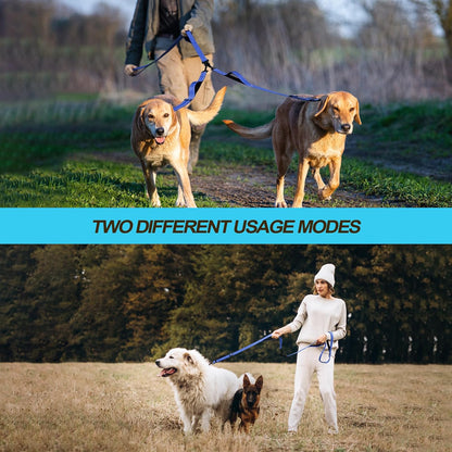 PetBonus Double Dog Leash, No Tangle Dual Leash, Reflective Walking Training Lead, 4 Comfortable Padded Handles for 2 Dogs with Collapsible Bowl and Waste Bags (Blue, Large)