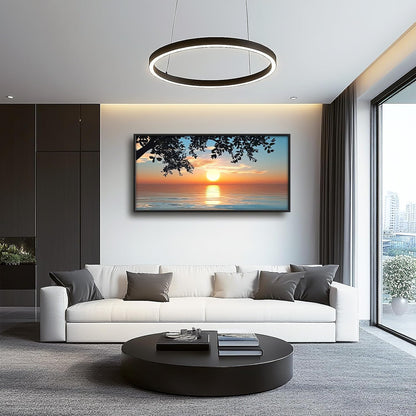 Framed Large Lake Sunset Wall Art, Oversized Natural Landscape Wall Decor for Living Room, Tree Leaves Canvas Painting Pictures Home Decoration for Living Room Bedroom Office 60"x30"