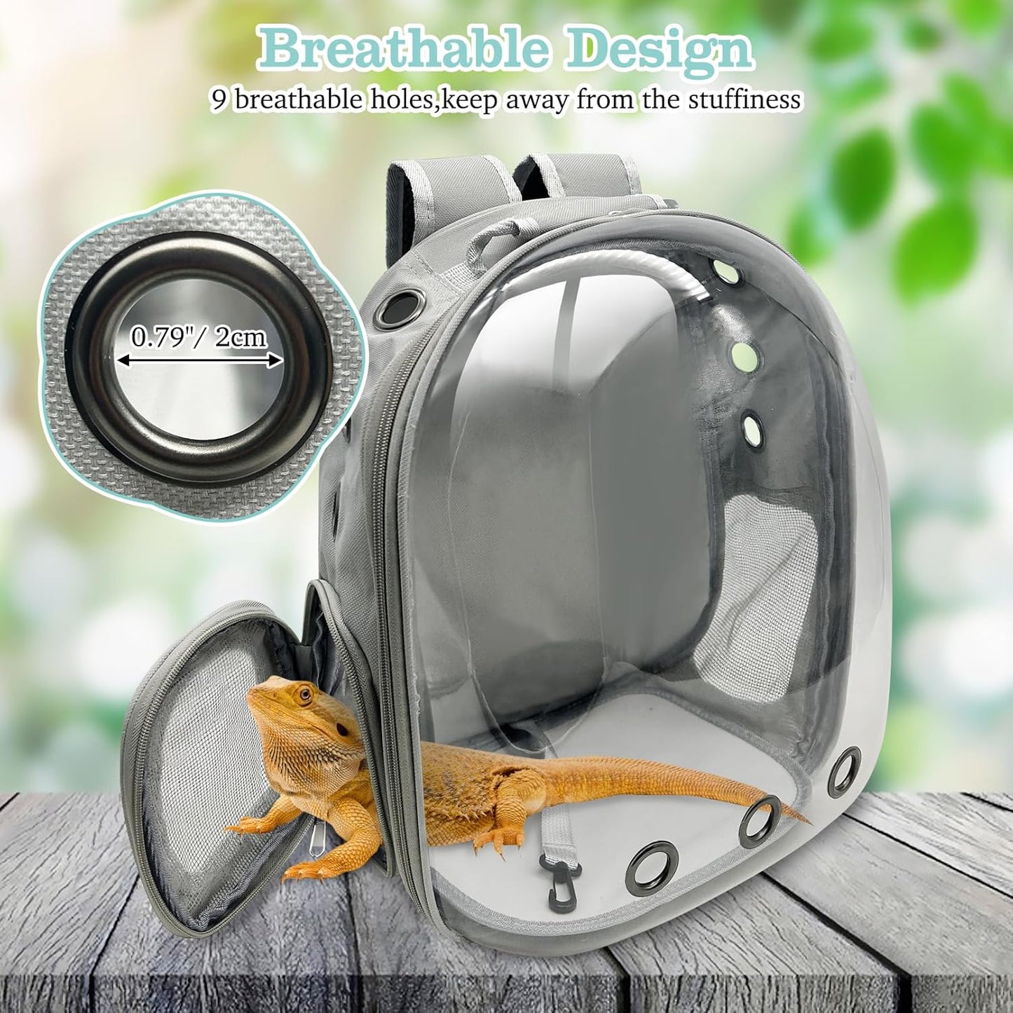 PINVNBY Bearded Dragon Carrier Backpack with Harness and Leash Set Large Reptile Travel Carrier Portable Lizard Backpack Clear Bubble Window Small Animal Carrying Bag for Gecko Kitten Rabbit (Gray)