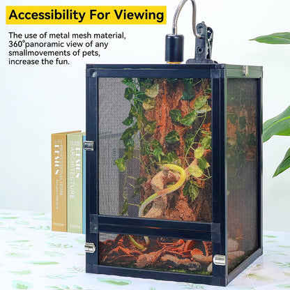 13 Gallon 360° Panoramic Foldable Reptile Terrarium Kit: Crested Gecko Tank and Reptile Cage for Superior Ventilation, Easy Feeding, Sturdiness, and Simple Assembly (Black, 18"x13"x13")