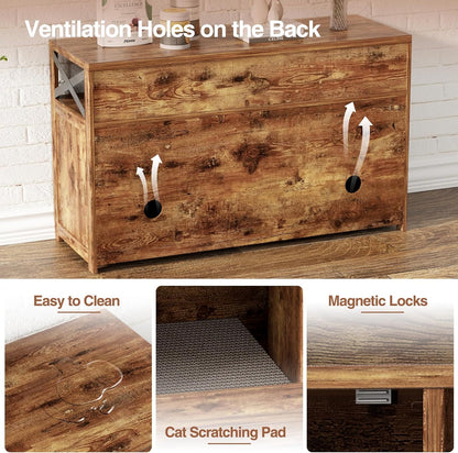 Cat Litter Box Enclosure for 2 Cats, 47" Double Hidden Litter Box Furniture with Scratch Pad, Farmhouse Indoor Litter Box Cabinet Cat Washroom, Rustic Brown