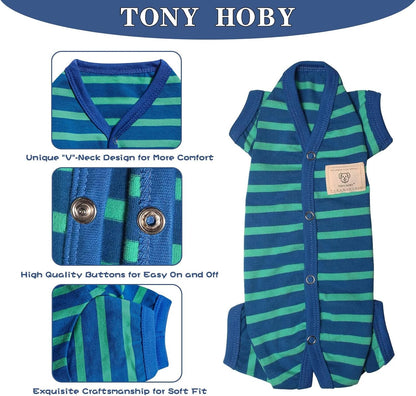 TONY HOBY Dog Pajamas for Female/Male, Dog Jumpsuit with Stripes for Small Medium Dogs, Soft and Comfortable 4 Legged Pajamas Dogs Clothes (Blue&Green, Boy, XS)