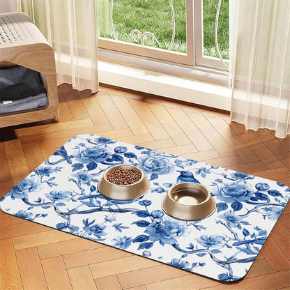 Chinoiserie Floral Birds Dog Food Mat Absorbent Bowl Mats No Stains Quick Dry Waterproof Pet Cat Placemats for Food and Water, 30x45cm