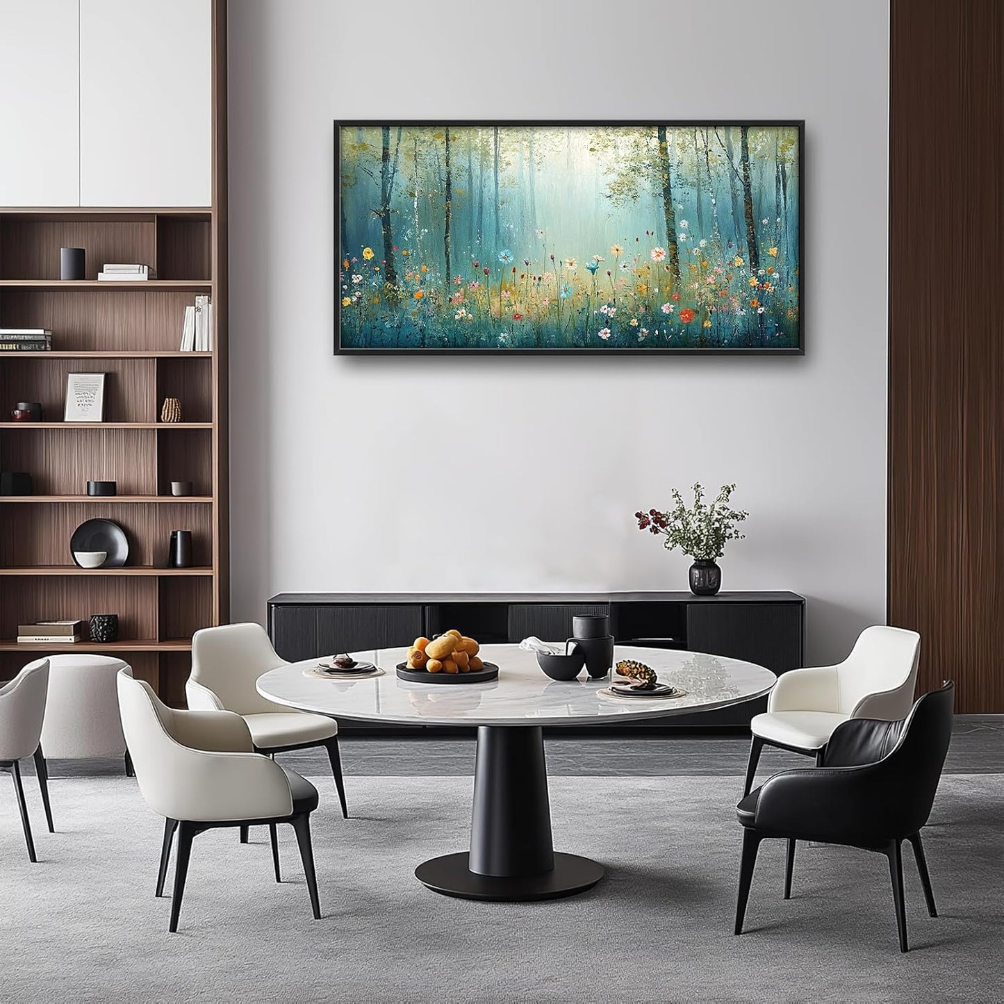 Large Forest Tree Wall Art for Living Room, Framed Oversized Wildflowers Wall Decor, Foggy Landscape Canvas Painting Modern Artwork Home Decoration for Dining Room Bedroom Office 60"x30"