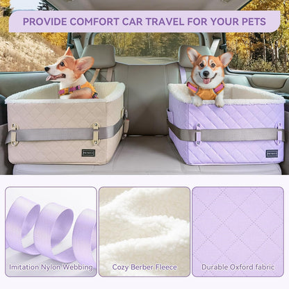 PETSFIT Dog Booster Car Seat, Soft Foam Cat Car Seat with Patented Safety Buckles, Storage Pockets and Detachable Clip-On Safety Leash, Dog Car Seats for Small Dogs Under 30 LBS (Purple)