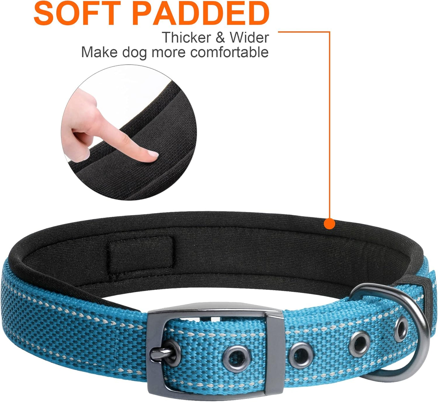 Fida Heavy Duty Dog Collar, Ultra Comfortable Soft Neoprene Padded, Adjustable Reflective Nylon Pet Collar with Durable Metal Belt Buckle for Medium Breeds (M, Blue)