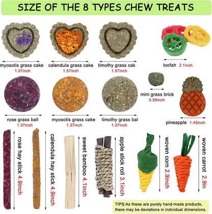 VESPRO Bunny Toys, 21PCS Rabbit Chew Toys for Teeth, Guinea Pig Natural Treats, Timothy Hay Sticks for Chinchillas Hamsters Rats, Small Animals Teeth Grinding