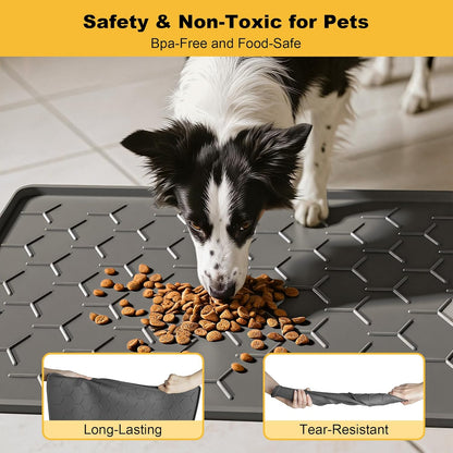 Pieviev Dog Cat Food Bowl Mat, Silicone Waterproof Food Grade Pet Food Mat for Floor, High Raised Edge to Prevent Spills, Non-Slip & Easy Clean Pet Placemat for Dog & Cat Bowls, 34''x22'', Dark Gray