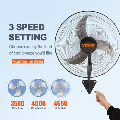 VEVOR 20 inch Wall Mount Fan Oscillating, 3-speed High Velocity Max. 4650 CFM Industrial Wall Fan for Indoor, Commercial, Residential, Warehouse, Greenhouse, Workshop, Basement, Black, ETL Listed
