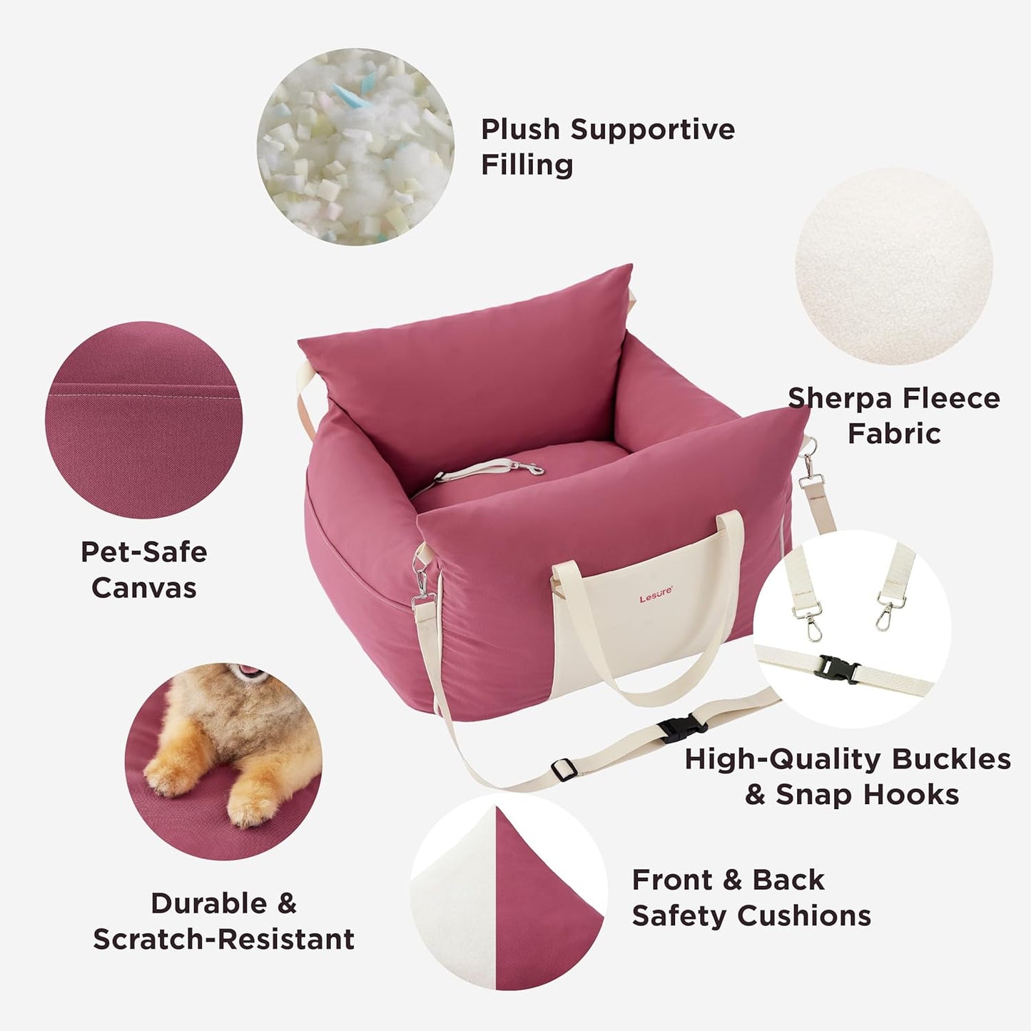 Lesure Small Dog Car Seat for Small Dogs - Waterproof Dog Booster Seat for Car with Storage Pockets and Clip-On Safety Leash and Thickened Memory Foam Filling, Pet Travel Carrier Bed Rose Red