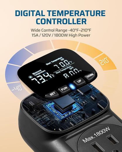 DEWENWILS Digital Temperature Controller, Heavy Duty 15A/1800W Thermostat Outlet Plug, VA Display Heating Cooling Control Timer, -40℉~210℉, Cyclic Timing/Countdown, for Greenhouse Incubator, Black