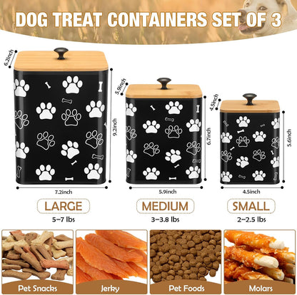 3 Pack Airtight Dog Food Containers with Bamboo Lids, Metal Dog Treat Jars Canisters for Kibble, Biscuits, Snacks, Cookies, Pet Food Storage Set for Kitchen Counter(Black)