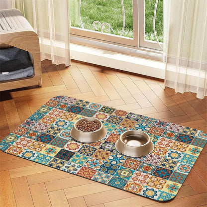 Traditional Multicolor Ornate Dog Food Mat Absorbent Bowl Mats No Stains Quick Dry Waterproof Pet Cat Placemats for Food and Water, 30x45cm