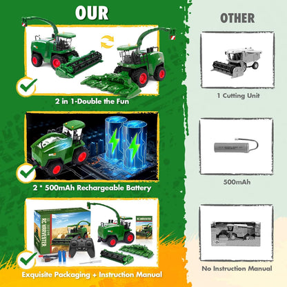 Remote Control Combine Harvester Tractor Toy, 1/24 Scale RC Harvester Toys for Kids with 2 Grian Heads/2 Rechargeable Batteries/Light, Farm Toys for 4 5 6 7 8 9 Year Old Boys Birthday Gift