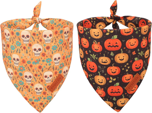 PTDECOR Halloween Dog Bandana, Skeleton Pumpkin Reversible Holiday Dog Scarf, Triangle Halloween