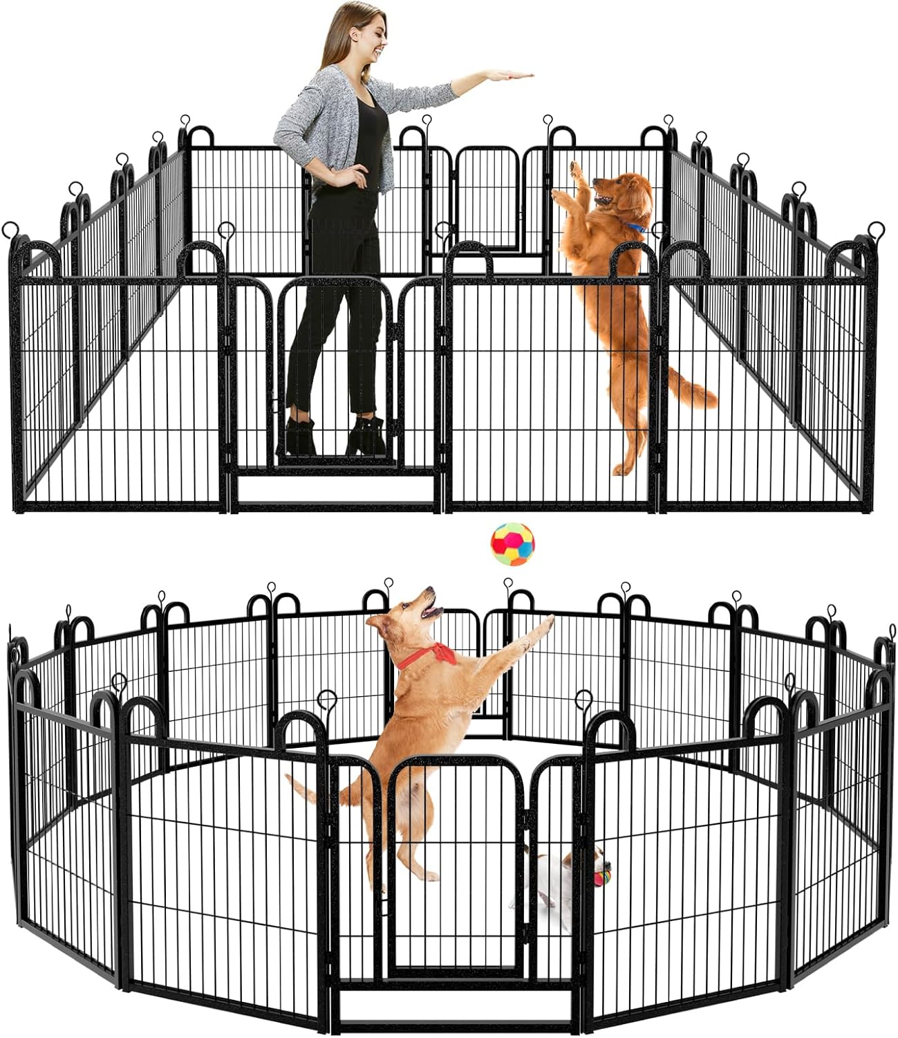 Puppy Playpen 16 Panels Small Dog Fence Outdoor Indoor Use 24" Height Anti-Rust with Doors Portable Dog Play Pen for RV Camping Yard, Total 29FT, 68 Sq.ft, Snowy Black