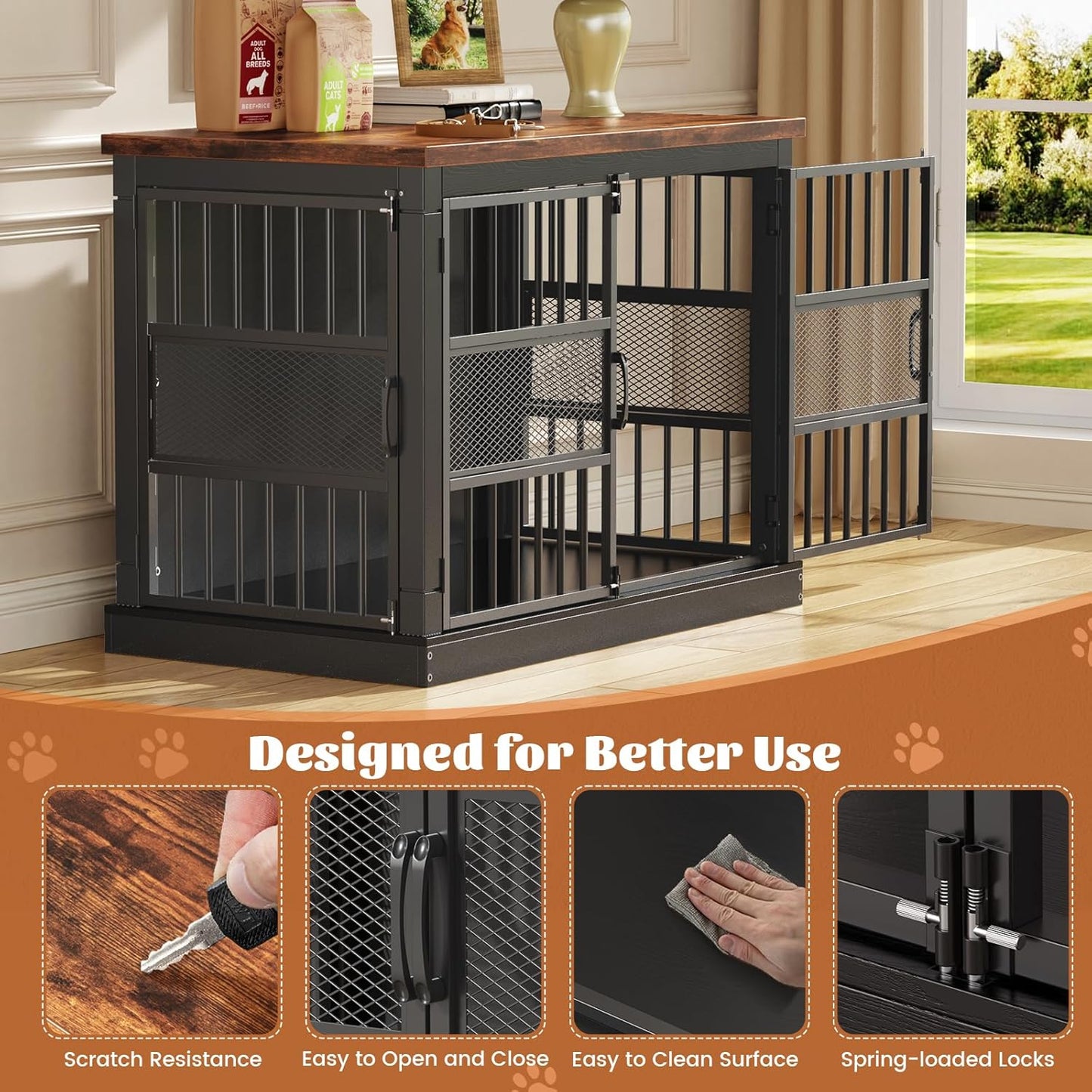 VOPEAK 40" Dog Crate Furniture, Chew Resistant Dog Crate for Dogs, Heavy Duty Dog Crates Dog Kennel Cage Indoor with Double Doors, End Table for Bedroom Living Room, Black