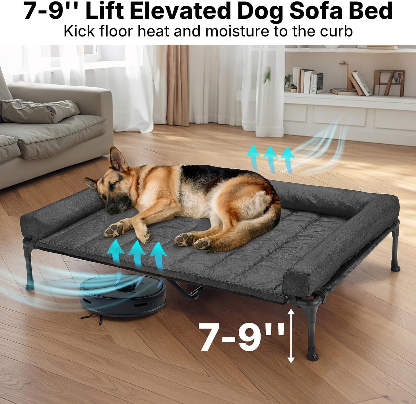 Veehoo Cooling Elevated Dog Bed Add Removable Waterproof Bolster Cushion Mat, Raised Pet Cot with Breathable Teslin Mesh, No-Slip Feet, Dog Couch Bed for Indoor Outdoor, 53 inches, Black