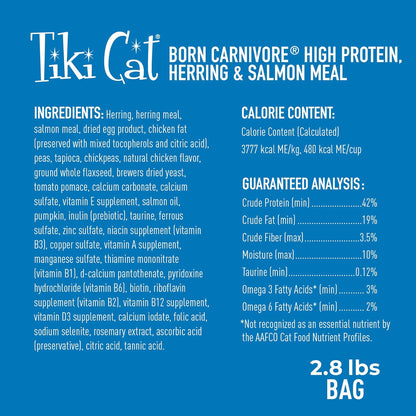 Tiki Cat Born Carnivore High Protein Dry Cat Food, Herring & Salmon Meal, 2.8 lbs. Bag
