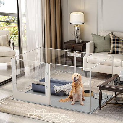 Dog Clear Playpen Fence Kennel: 32" Extra Tall Puppy Birthing Enclosure with Waterproof Fertility Pad - 64"x43" Pet Heavy Duty Play Pin Corral with Transparent View and Lockable Door for Dogs Bunny