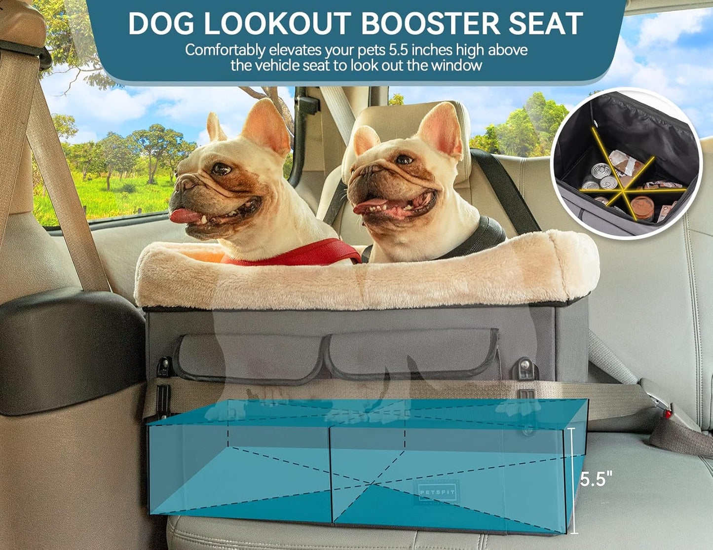 Petsfit Dog Car Seat for Medium Dogs or 2 Small Dogs, Upgraded Dog Booster Car Seat for Front and Back Seats with 2 Safety Leashes (Medium, Deep Grey)