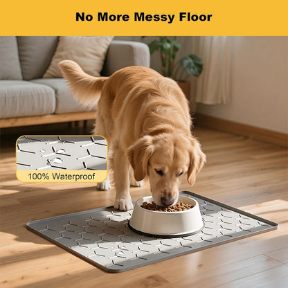 Pieviev Dog Cat Food Bowl Mat, Silicone Waterproof Food Grade Pet Food Mat for Floor, High Raised Edge to Prevent Spills, Non-Slip & Easy Clean Pet Placemat for Dog & Cat Bowls, 24''x16'', Light Gray