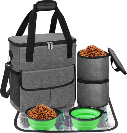 Dog Travel Bag for Camping - Weekend Pet Accessories With 2 Collapsible Bowls, 2 Food Containers, 1 Waterproof Feeding Mat - M, Grey
