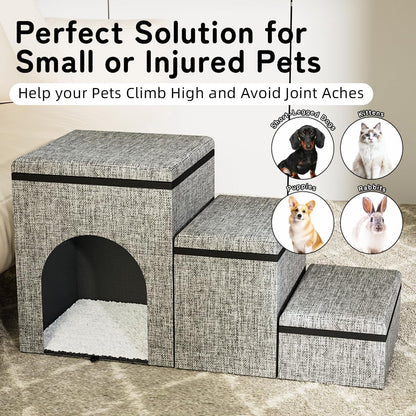 Dog Stairs with Storage, 3-Step Wider Dog Steps with Condo for Dogs and Cats, Pet Stairs for High Bed Climbing, Grey