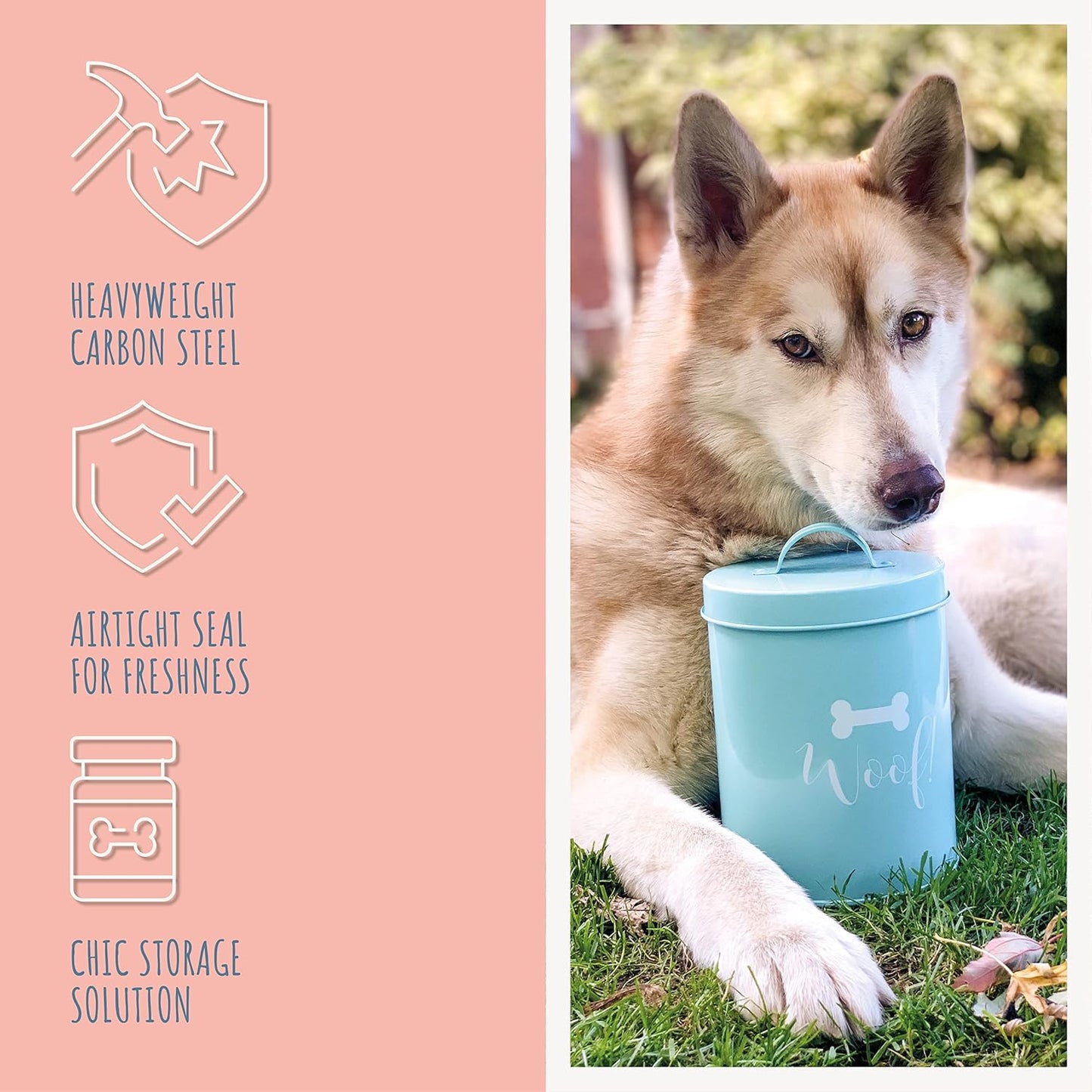 Park Life Designs - Metal Pet Treat Jar with Airtight Lid for Dogs, Cats, Puppies and More, Chic Kitchen Countertop Container for Cookies, Biscuits and Treats (Gourmet Biscuits, Grey, 1.4 Qt)