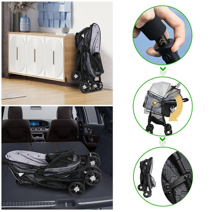 Lightweight Pet Stroller for Small/Medium Dogs and Cats - Foldable Travel Carriage with Storage Basket, Breathable Mesh & 4 Wheels - Up to 33 lbs – Black