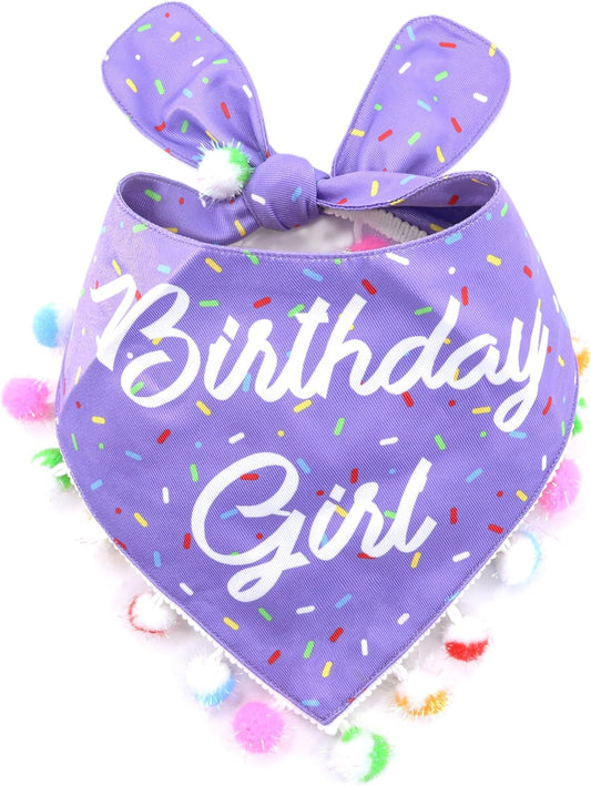 LunaMarie - Luxury Pet Birthday Bandanas -Premium & Silky Poly Fabric | 100% Handmade | Custom Shape Dual Layered (Birthday Girl Purple, Medium)