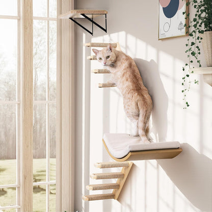 4-Piece Cats Wall Furniture with Cat Window Perch – Wood Wall Mounted Cat Shelves Set with Foam-Padded Curved Bed, Flat Perch & 4-Step Cats Stairs