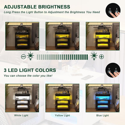 HNEBC Nightstand with Wireless Charging Station, LED Nightstand Has Adjustable Rotary Workstation,Smart Night Stand with 2 Drawers,Modern Bedside Table for Bedroom, Sensor Light/Wheel (Black)