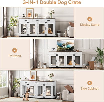 71 in Dog Crate Furniture for 2 Dogs, Wooden Double Dog Crate with 3 Drawers and Removable Room Divider, XXL Indoor Dog Kennel TV Stand End Table with Double Doors for Large Medium Dogs, White