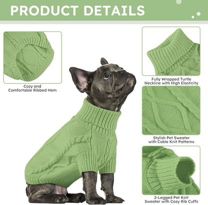Queenmore Small Dog Pullover Sweater, Cold Weather Cable Knitwear, Classic Turtleneck Thick Warm Clothes for Chihuahua, Bulldog, Dachshund, Pug, Yorkie (Green, Small)