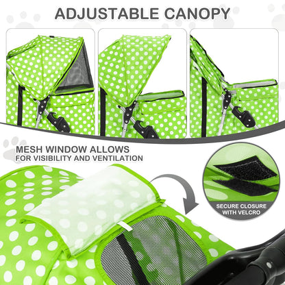 MoNiBloom 3 Wheels Pet Dog Cat Stroller for Small Medium Dogs Cats, Foldable Jogger Stroller w/Storage Basket and Cup Holder, Lawn Green Polka Dots