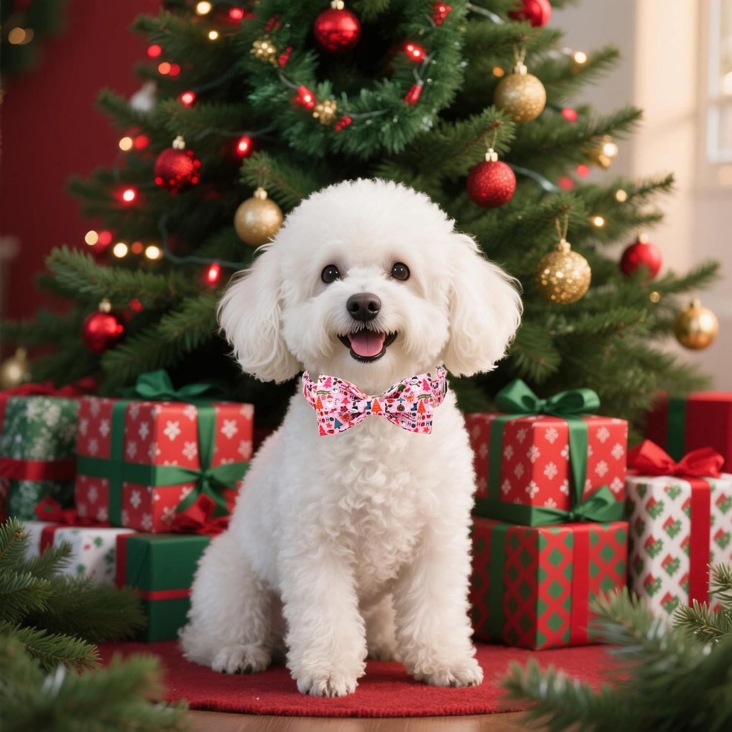 Lionet Paws Christmas Dog Collar with Bow tie,Cute Ho Christmas Tree Snowman Pink Dog Collar Bow Tie for Dogs and Cats Female, XS, Neck 8-12 inches