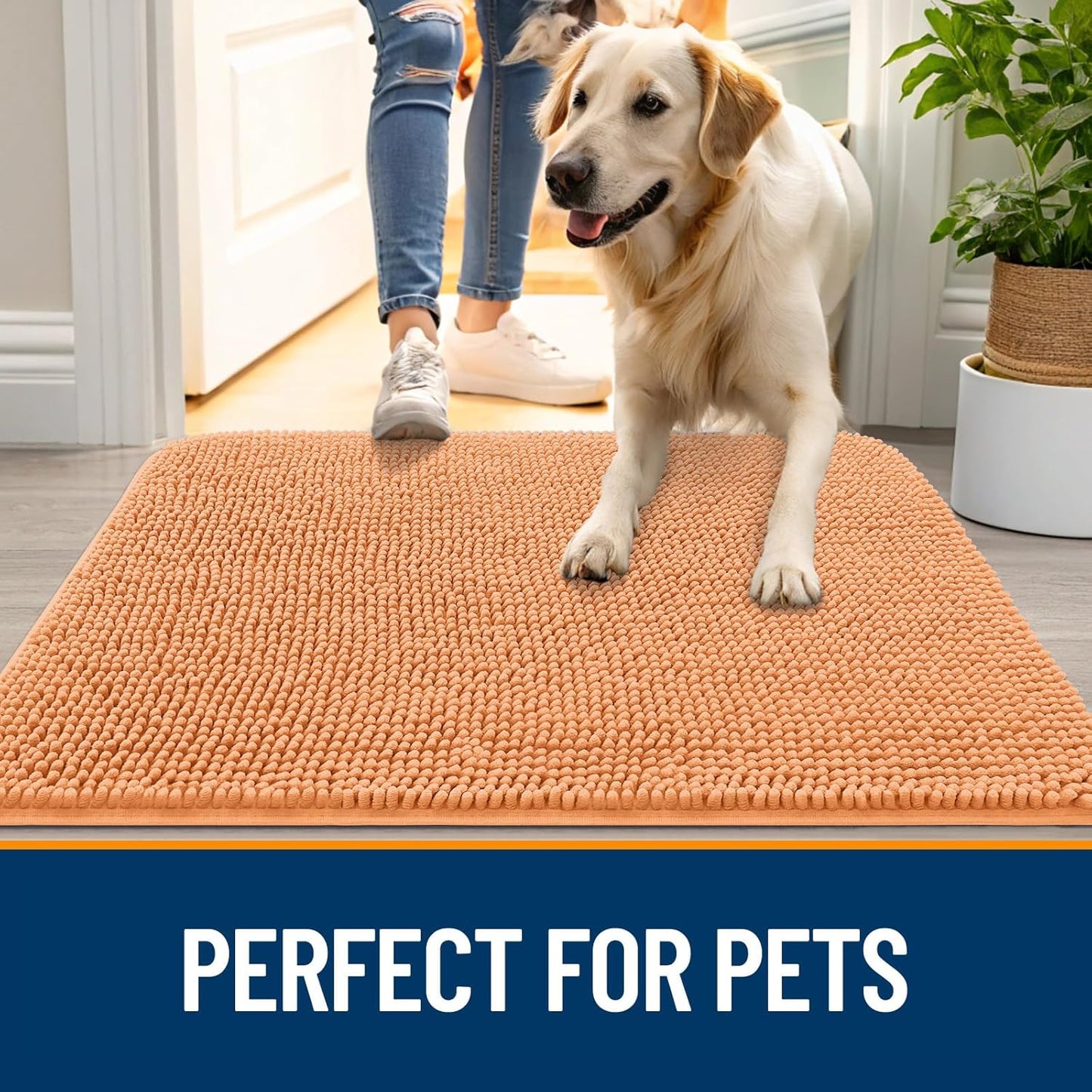 OLANLY Dog Door Mat for Muddy Paws 30x20, Absorbs Moisture and Dirt, Absorbent Non-Slip Washable Doormat, Quick Dry Chenille Mud Mat for Dogs, Entry Indoor Entryway Carpet for Inside Floor, Orange