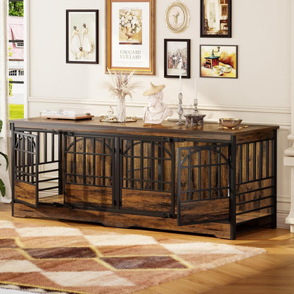 COZPAW 86 Inch Double Dog Crate Furniture for 2 Large Dogs, Decorative Dog Kennel Indoor TV Stand, Heavy Duty Wooden Dog Cage for Large Medium Dogs Sized Dog Pet House with Divider (Brown)